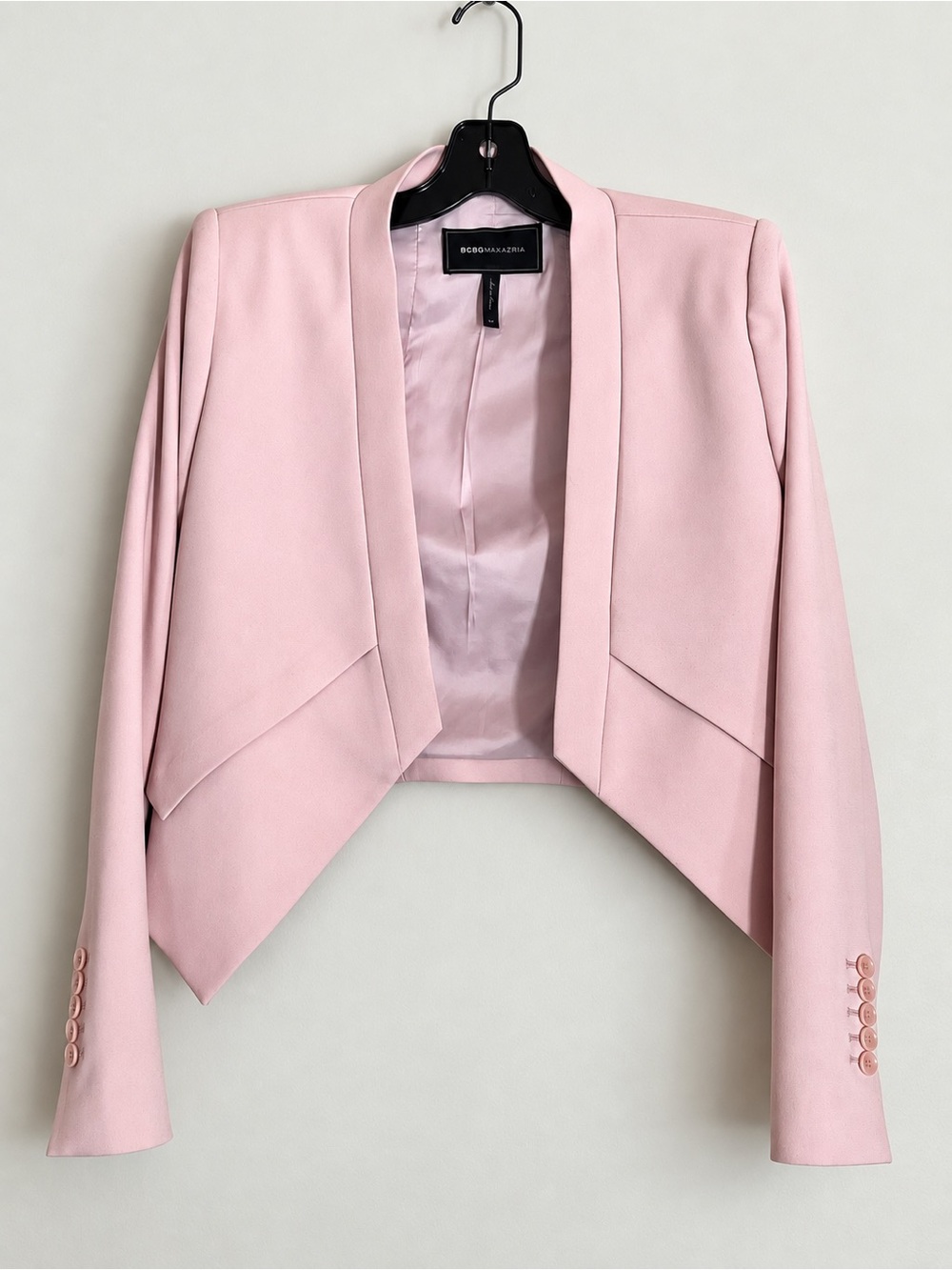 BCBGMAXAZRIA Blush Pink Cropped Blazer Open Front Asymmetric Hem Jacket Size XS